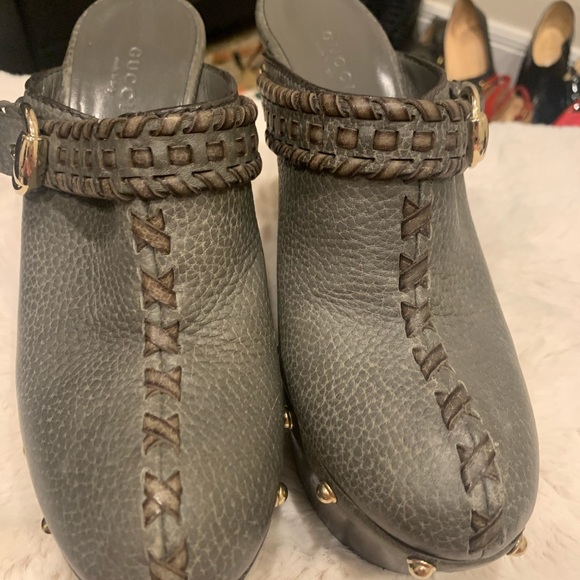 Gucci Grey Leather Studded Platform High Heel Clog - Picture 2 of 7
